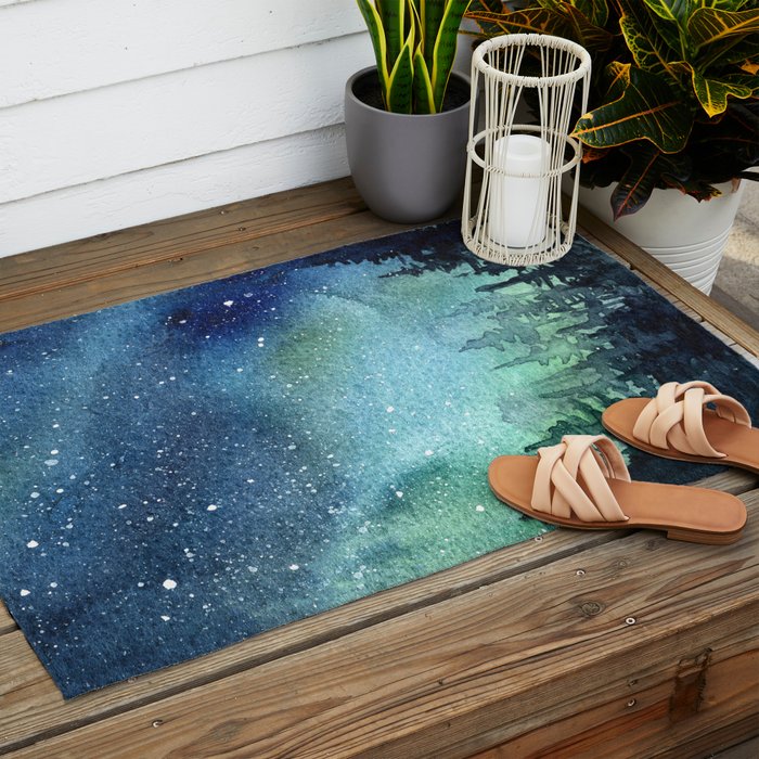 Galaxy Watercolor Aurora Borealis Painting Outdoor Rug Gallery Image 2
