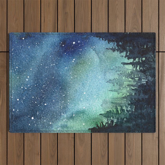 Galaxy Watercolor Aurora Borealis Painting Outdoor Rug Gallery Image 1