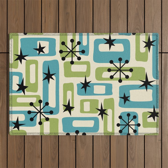 Mid Century Modern Atomic Age Decoration 644 Googie Blue and Green Outdoor Rug Gallery Image 1