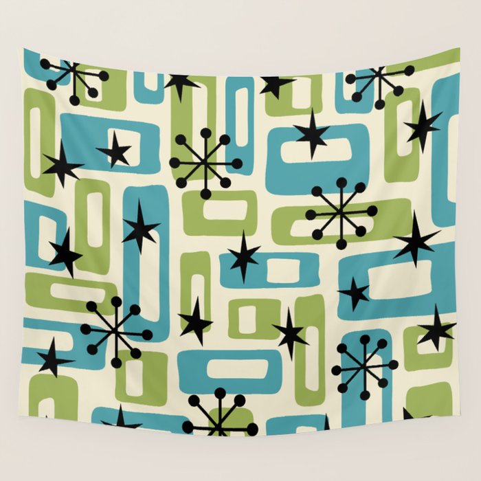 Mid Century Modern Atomic Age Decoration 644 Googie Blue and Green Wall Tapestry Gallery Image 1