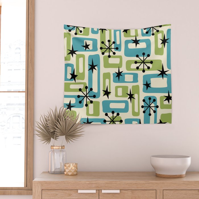 Mid Century Modern Atomic Age Decoration 644 Googie Blue and Green Wall Tapestry Gallery Image 2