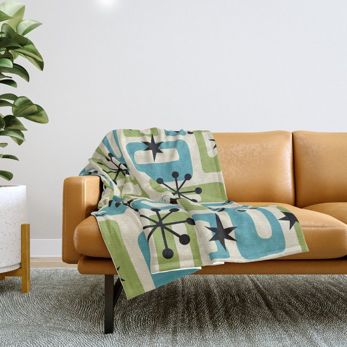 Mid Century Modern Atomic Age Decoration 644 Googie Blue and Green Throw Blanket Gallery Image 1