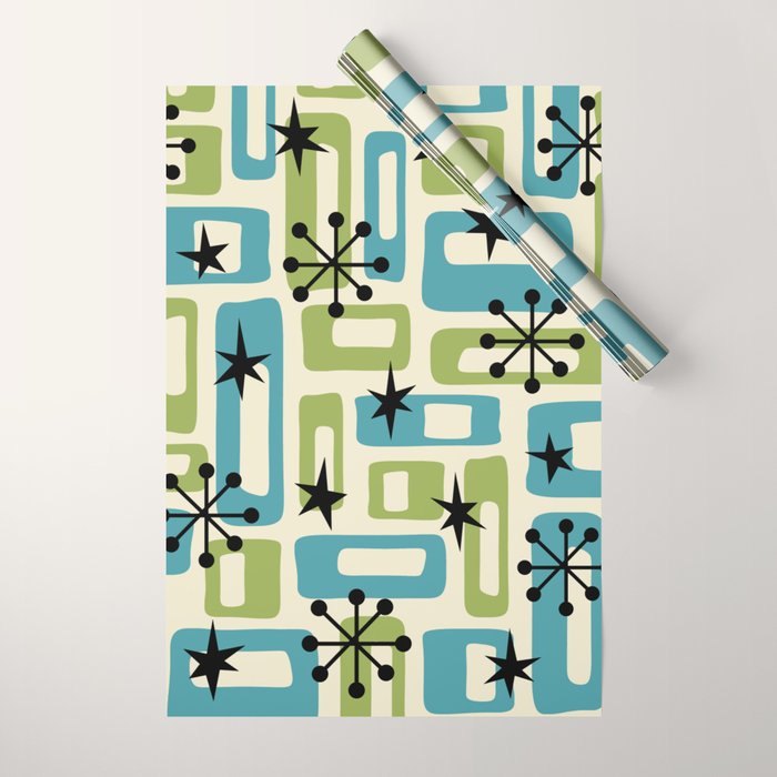 Mid Century Modern Atomic Age Decoration 644 Googie Blue and Green Wrapping Paper Gallery Image 1