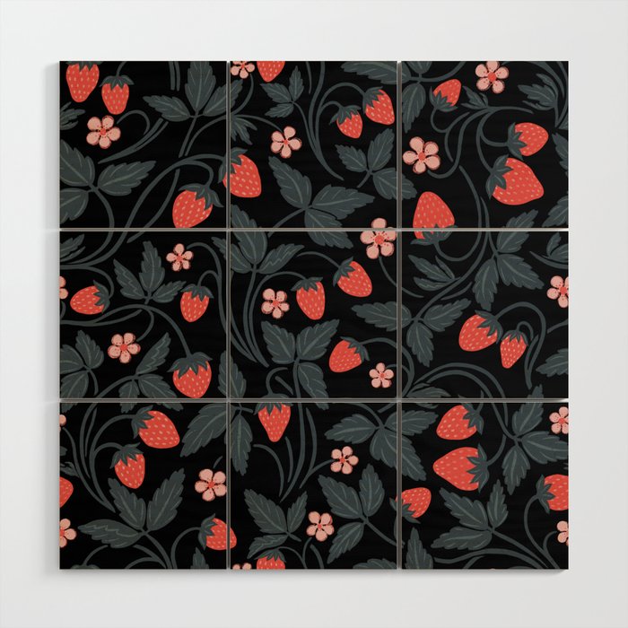 Strawberries - red and slate on black Wood Wall Art Gallery Image 1