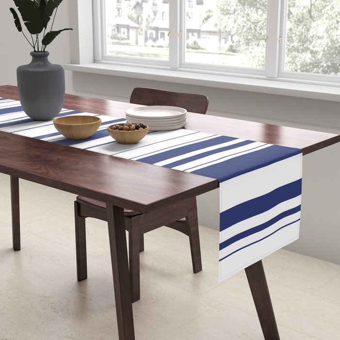 Minimalist Era - White & Indigo Blue Stripe Asymmetrical Table Runner Gallery Image 2