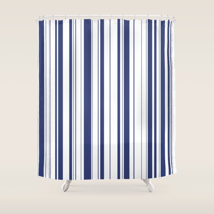 Minimalist Era - White & Indigo Blue Stripe Asymmetrical Shower Curtain Gallery Image 1