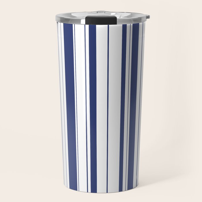 Minimalist Era - White & Indigo Blue Stripe Asymmetrical Travel Mug Gallery Image 1