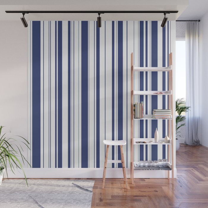 Minimalist Era - White & Indigo Blue Stripe Asymmetrical Wall Mural Gallery Image 1