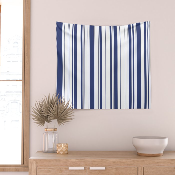 Minimalist Era - White & Indigo Blue Stripe Asymmetrical Wall Tapestry Gallery Image 2