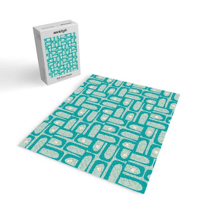 Mid Century Modern Piquet Multi Abstract Geometric Pattern in Teal Aqua Jigsaw Puzzle Gallery Image 2