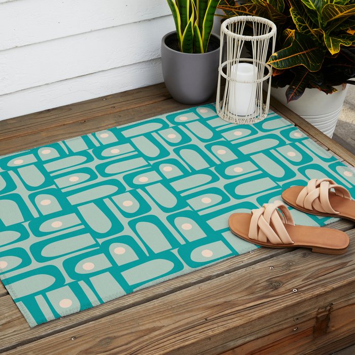 Mid Century Modern Piquet Multi Abstract Geometric Pattern in Teal Aqua Outdoor Rug Gallery Image 2