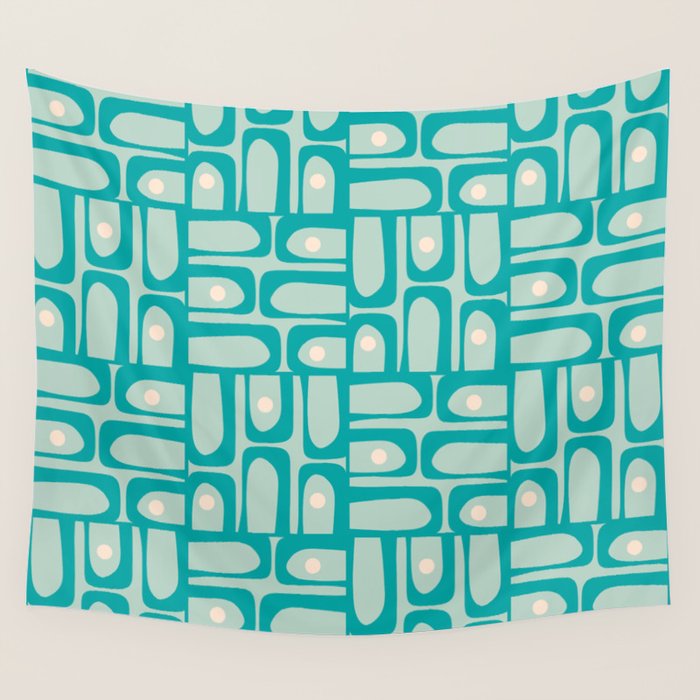Mid Century Modern Piquet Multi Abstract Geometric Pattern in Teal Aqua Wall Tapestry Gallery Image 1