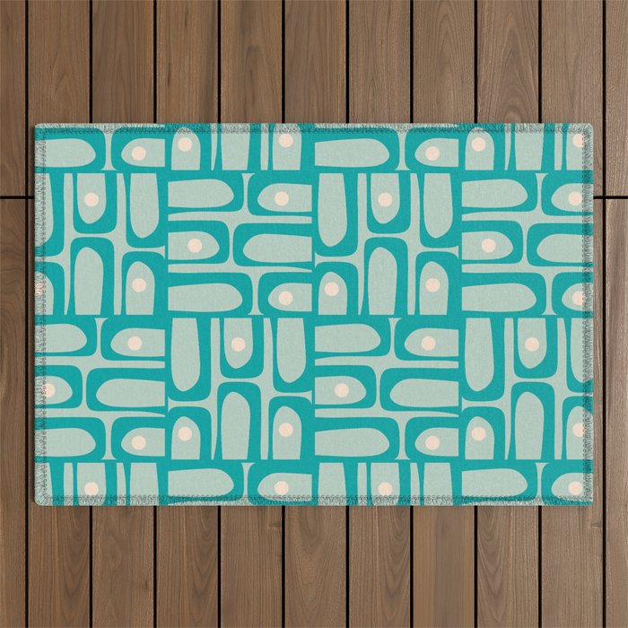 Mid Century Modern Piquet Multi Abstract Geometric Pattern in Teal Aqua Outdoor Rug Gallery Image 1
