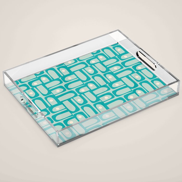 Mid Century Modern Piquet Multi Abstract Geometric Pattern in Teal Aqua Acrylic Tray Gallery Image 1