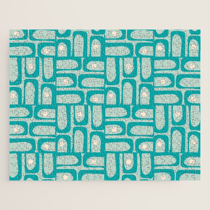 Mid Century Modern Piquet Multi Abstract Geometric Pattern in Teal Aqua Jigsaw Puzzle Gallery Image 1