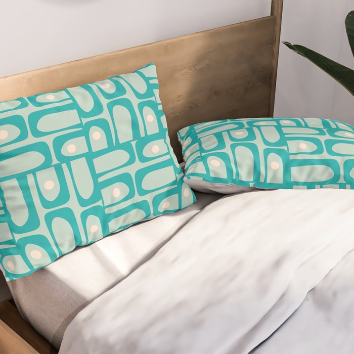 Mid Century Modern Piquet Multi Abstract Geometric Pattern in Teal Aqua Pillow Sham Gallery Image 2