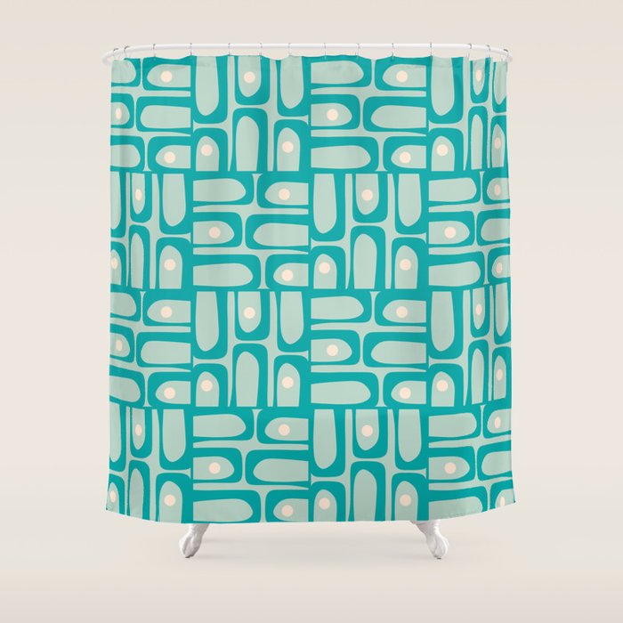 Mid Century Modern Piquet Multi Abstract Geometric Pattern in Teal Aqua Shower Curtain Gallery Image 1