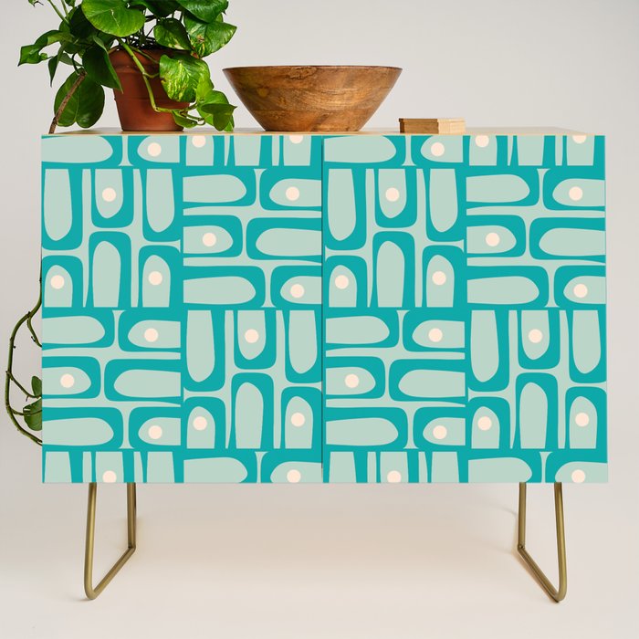 Mid Century Modern Piquet Multi Abstract Geometric Pattern in Teal Aqua Credenza Gallery Image 1