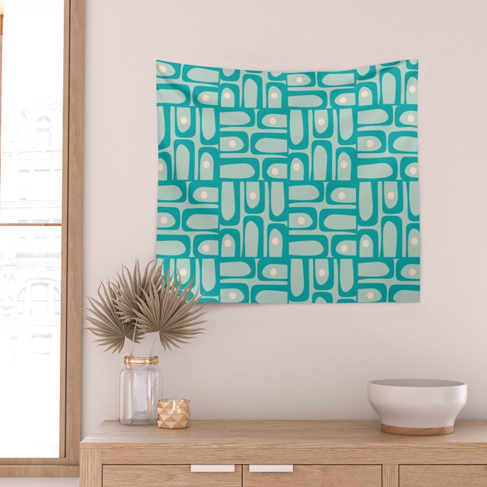 Mid Century Modern Piquet Multi Abstract Geometric Pattern in Teal Aqua Wall Tapestry Gallery Image 2