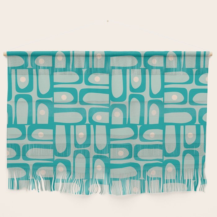 Mid Century Modern Piquet Multi Abstract Geometric Pattern in Teal Aqua Wall Hanging Gallery Image 1