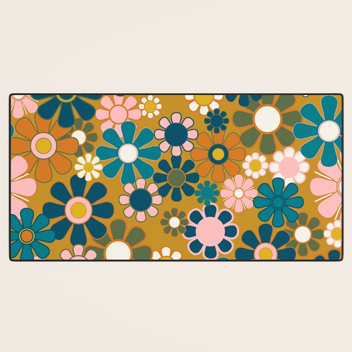 Pretty Groovy Retro Garden 60s 70s Aesthetic Floral Pattern Ochre Teal Olive Pink Desk Mat Gallery Image 3
