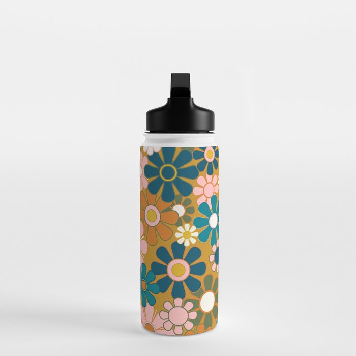 Pretty Groovy Retro Garden 60s 70s Aesthetic Floral Pattern Ochre Teal Olive Pink Water Bottle Gallery Image 3