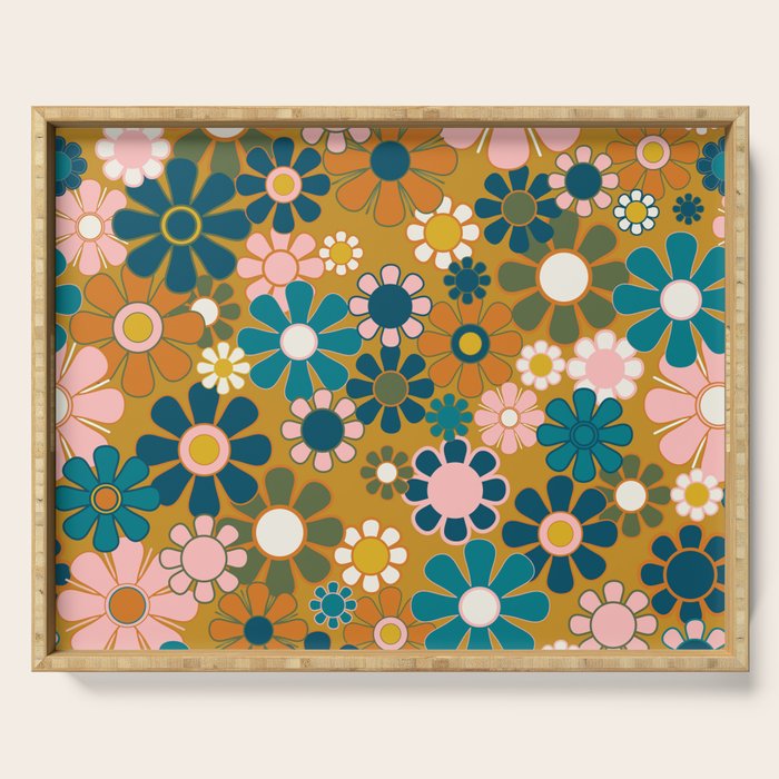 Pretty Groovy Retro Garden 60s 70s Aesthetic Floral Pattern Ochre Teal Olive Pink Serving Tray Gallery Image 1