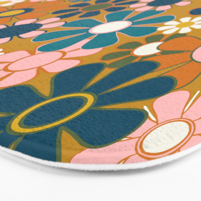 Pretty Groovy Retro Garden 60s 70s Aesthetic Floral Pattern Ochre Teal Olive Pink Bath Mat Gallery Image 3