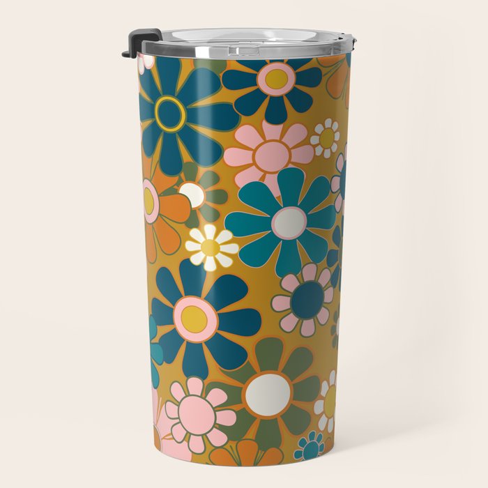 Pretty Groovy Retro Garden 60s 70s Aesthetic Floral Pattern Ochre Teal Olive Pink Travel Mug Gallery Image 3