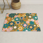 Pretty Groovy Retro Garden 60s 70s Aesthetic Floral Pattern Ochre Teal Olive Pink Rug Gallery Image 1