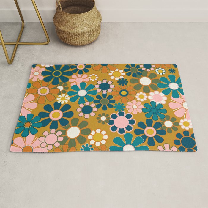 Pretty Groovy Retro Garden 60s 70s Aesthetic Floral Pattern Ochre Teal Olive Pink Rug Gallery Image 1
