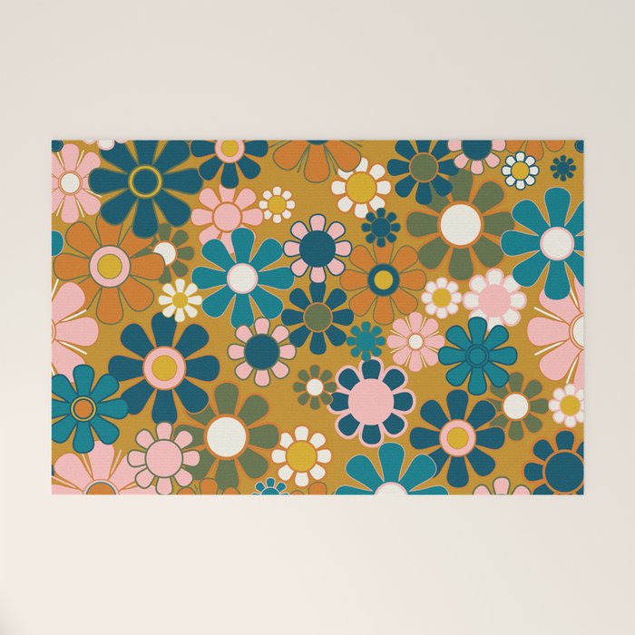 Pretty Groovy Retro Garden 60s 70s Aesthetic Floral Pattern Ochre Teal Olive Pink Welcome Mat Gallery Image 1