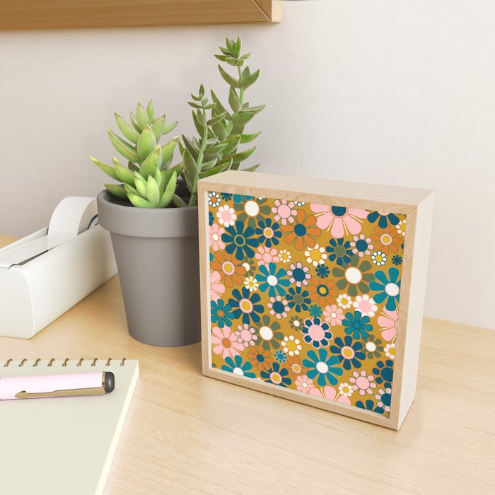 Pretty Groovy Retro Garden 60s 70s Aesthetic Floral Pattern Ochre Teal Olive Pink Mini Art Print Gallery Image 2