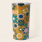 Pretty Groovy Retro Garden 60s 70s Aesthetic Floral Pattern Ochre Teal Olive Pink Travel Mug Gallery Image 1