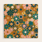 Pretty Groovy Retro Garden 60s 70s Aesthetic Floral Pattern Ochre Teal Olive Pink Wood Wall Art Gallery Image 1
