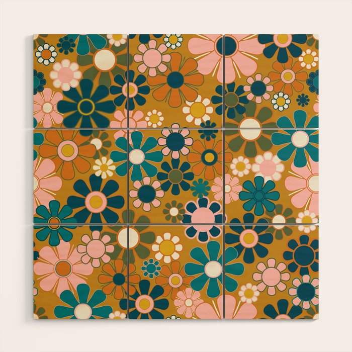Pretty Groovy Retro Garden 60s 70s Aesthetic Floral Pattern Ochre Teal Olive Pink Wood Wall Art Gallery Image 1
