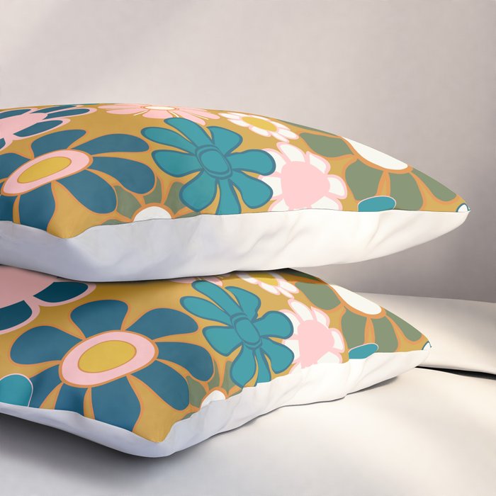 Pretty Groovy Retro Garden 60s 70s Aesthetic Floral Pattern Ochre Teal Olive Pink Pillow Sham Gallery Image 3