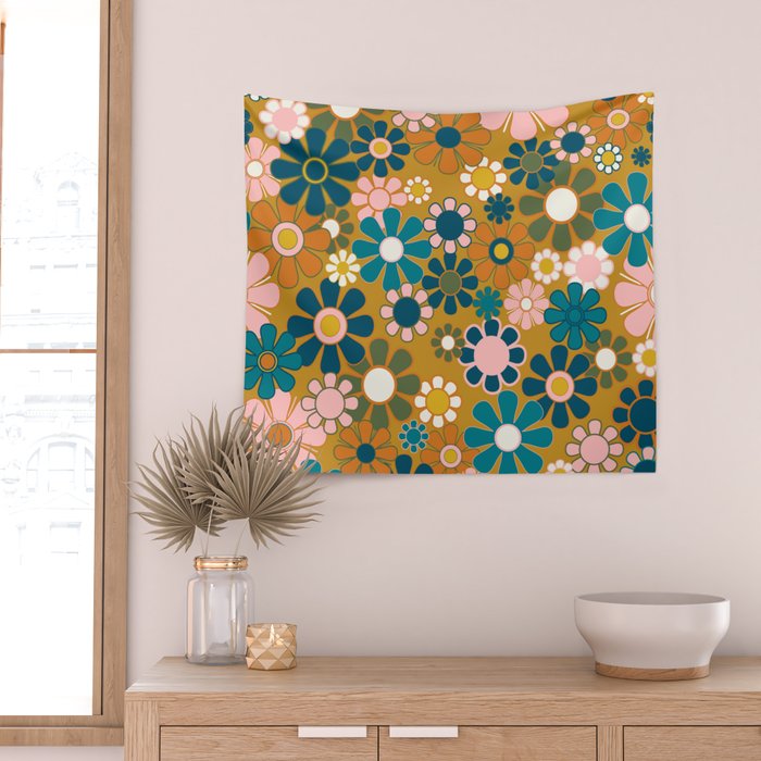 Pretty Groovy Retro Garden 60s 70s Aesthetic Floral Pattern Ochre Teal Olive Pink Wall Tapestry Gallery Image 2