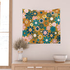 Pretty Groovy Retro Garden 60s 70s Aesthetic Floral Pattern Ochre Teal Olive Pink Wall Tapestry Gallery Image 2