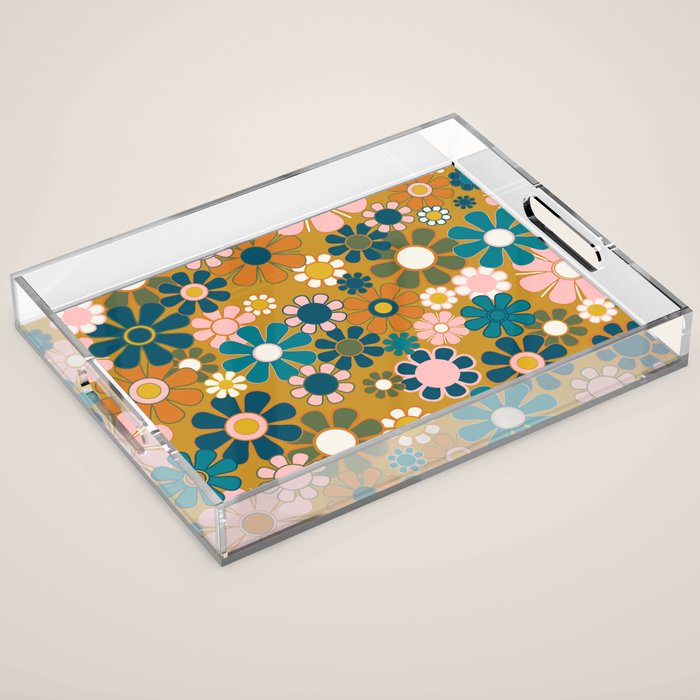 Pretty Groovy Retro Garden 60s 70s Aesthetic Floral Pattern Ochre Teal Olive Pink Acrylic Tray Gallery Image 1