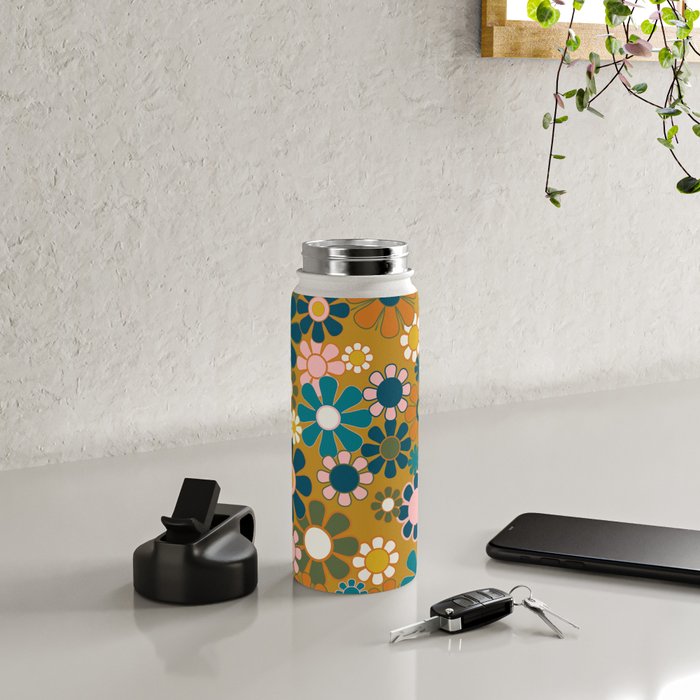 Pretty Groovy Retro Garden 60s 70s Aesthetic Floral Pattern Ochre Teal Olive Pink Water Bottle Gallery Image 4