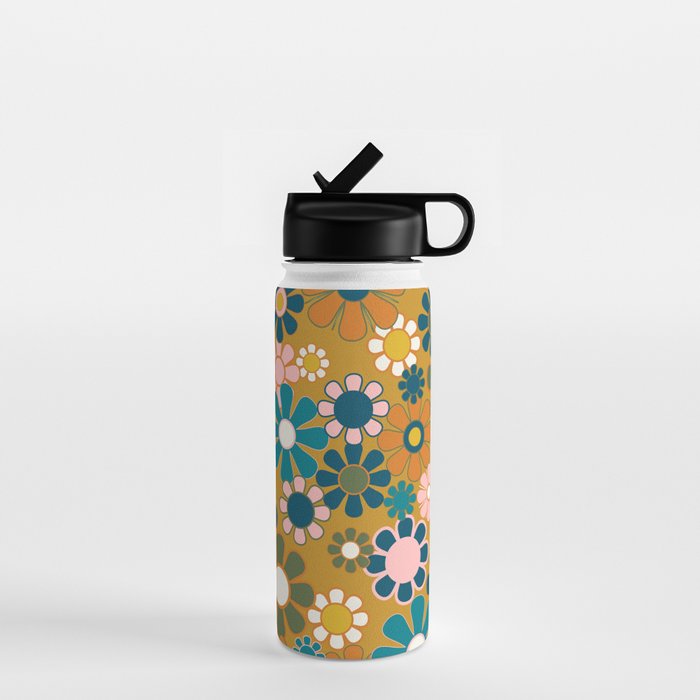 Pretty Groovy Retro Garden 60s 70s Aesthetic Floral Pattern Ochre Teal Olive Pink Water Bottle Gallery Image 1