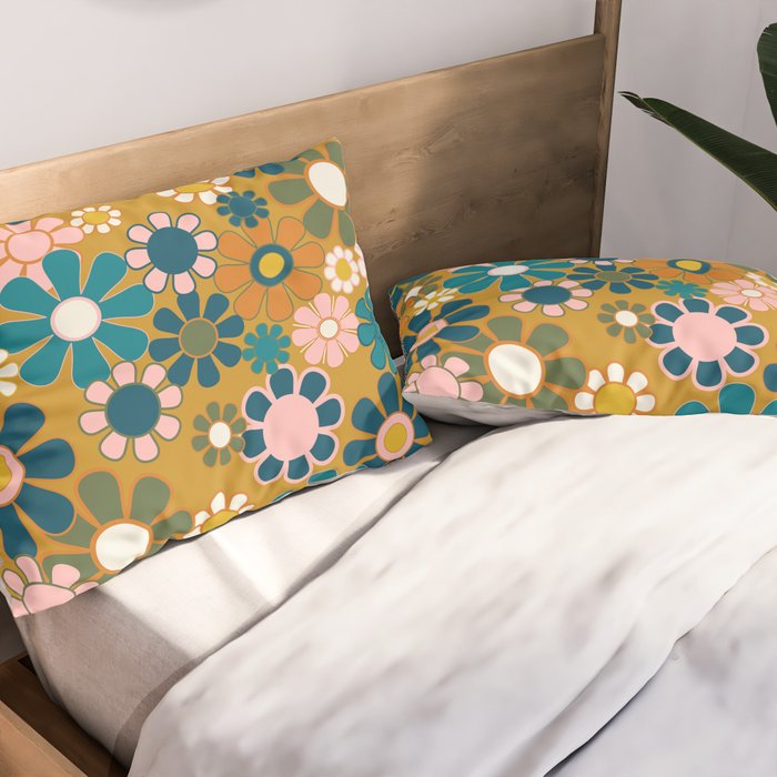 Pretty Groovy Retro Garden 60s 70s Aesthetic Floral Pattern Ochre Teal Olive Pink Pillow Sham Gallery Image 2
