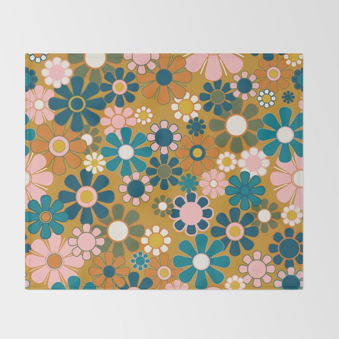Pretty Groovy Retro Garden 60s 70s Aesthetic Floral Pattern Ochre Teal Olive Pink Throw Blanket Gallery Image 2