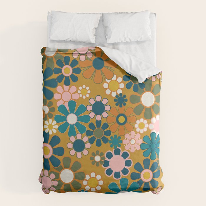 Pretty Groovy Retro Garden 60s 70s Aesthetic Floral Pattern Ochre Teal Olive Pink Duvet Cover Gallery Image 1