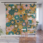Pretty Groovy Retro Garden 60s 70s Aesthetic Floral Pattern Ochre Teal Olive Pink Wall Mural Gallery Image 1