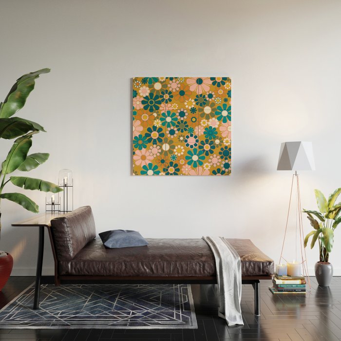 Pretty Groovy Retro Garden 60s 70s Aesthetic Floral Pattern Ochre Teal Olive Pink Wood Wall Art Gallery Image 2