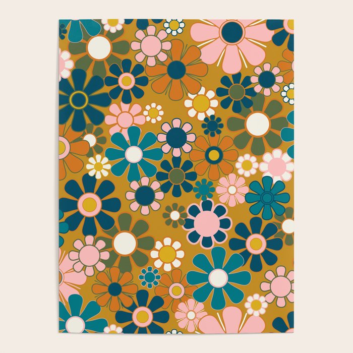 Pretty Groovy Retro Garden 60s 70s Aesthetic Floral Pattern Ochre Teal Olive Pink Poster Gallery Image 4