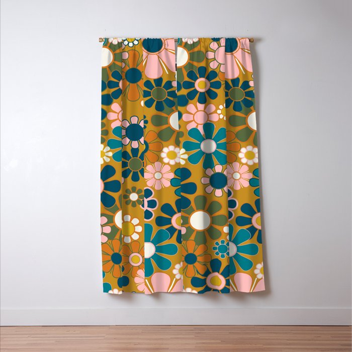 Pretty Groovy Retro Garden 60s 70s Aesthetic Floral Pattern Ochre Teal Olive Pink Window Curtain Gallery Image 3