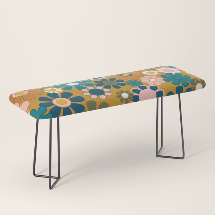 Pretty Groovy Retro Garden 60s 70s Aesthetic Floral Pattern Ochre Teal Olive Pink Bench Gallery Image 1